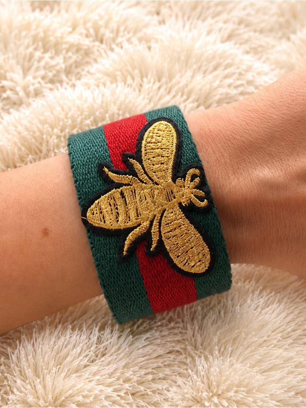 Green and Red Bracelet with Gold Bee Embroidery
